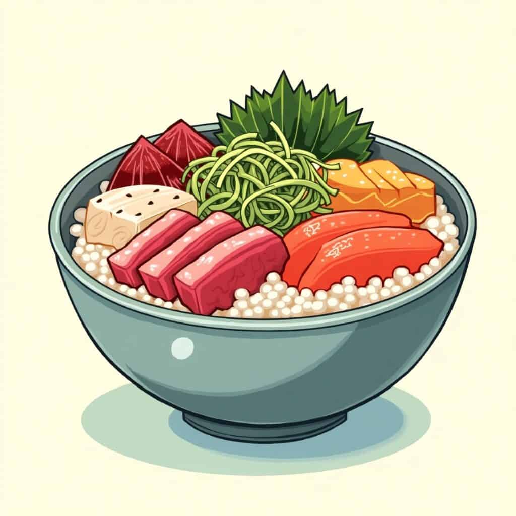 a drawing of a poke bowl (to compare to chicken katsu bowls)