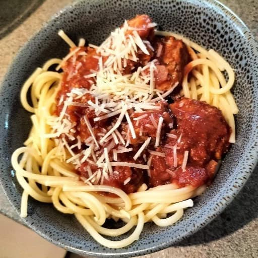 a bowl of Nonna's spaghetti and meatballs